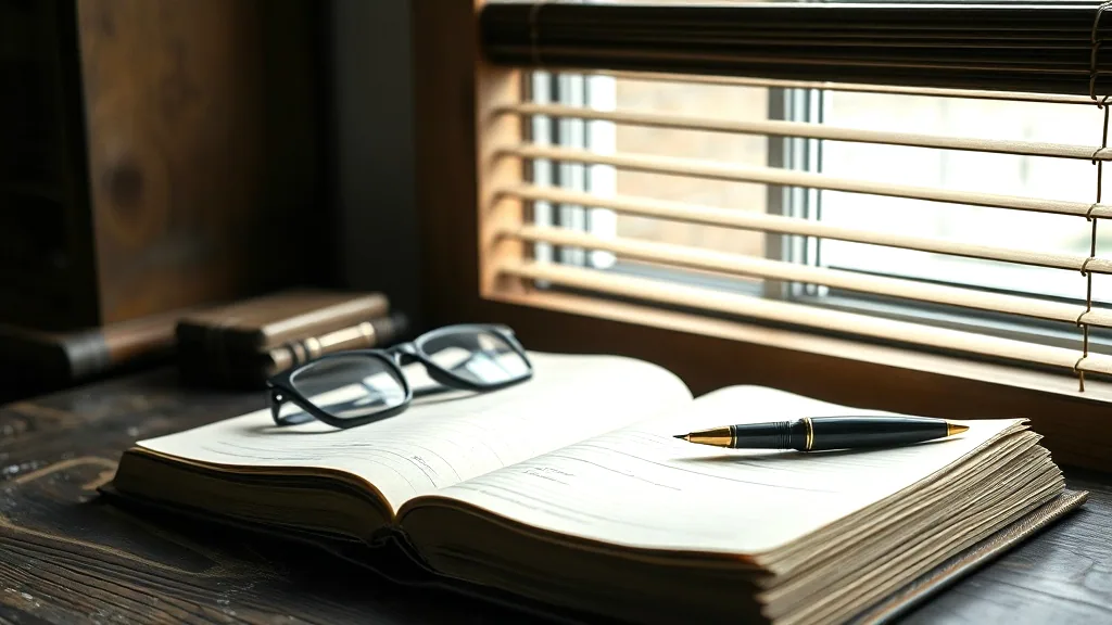 An open ledger with a pen laid across it and a pair of reading glasses beside it on a dark wooden desk, light coming through venetian blinds.