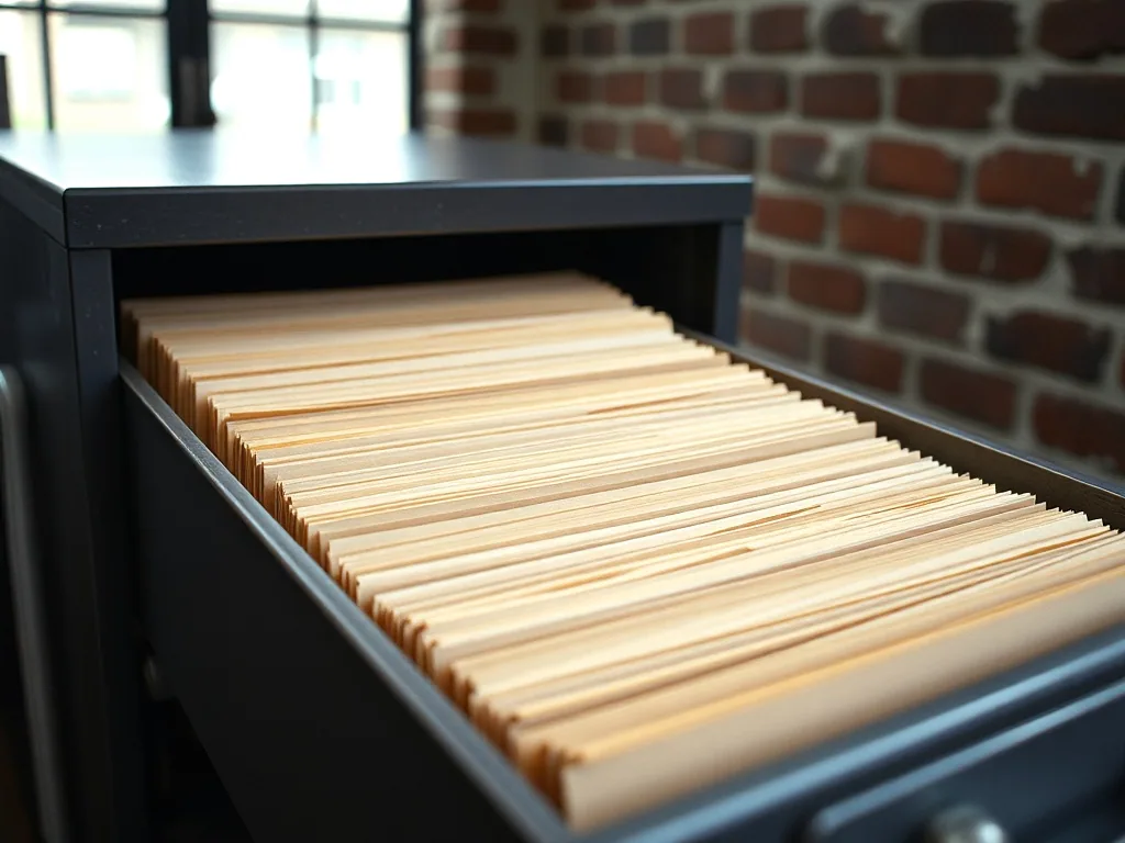 An open metal filing drawer packed tight with worn manila folders, a brick wall behind it.