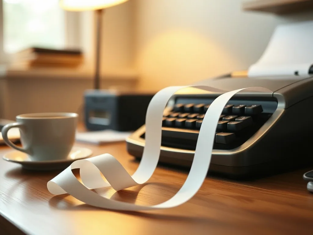 A long curl of blank adding machine tape spilling across a desk beside a cup of coffee, the machine itself out of focus behind it.
